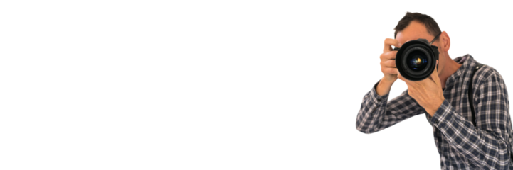 Smiling photographer. Png background.