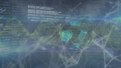 Animation of dna helix with dots forming triangles, programming language and moving soccer ball - Powered by Adobe