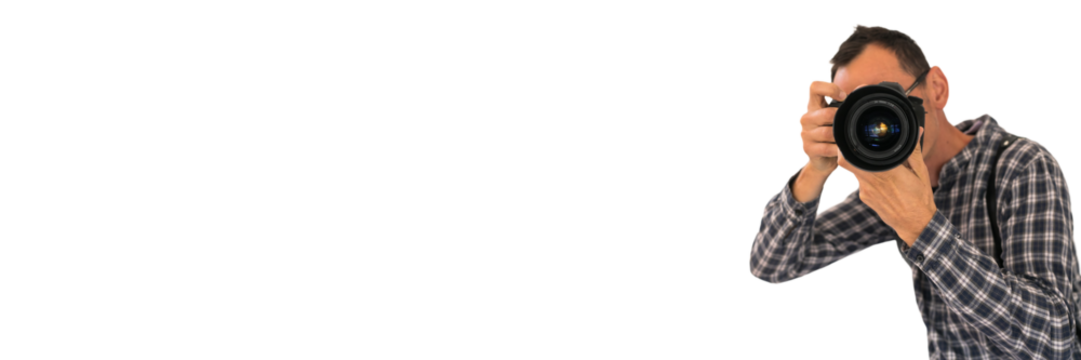 Smiling photographer. Png background.