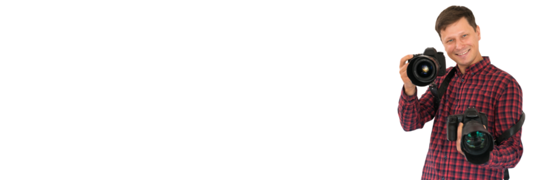 Smiling photographer. Png background. - Powered by Adobe