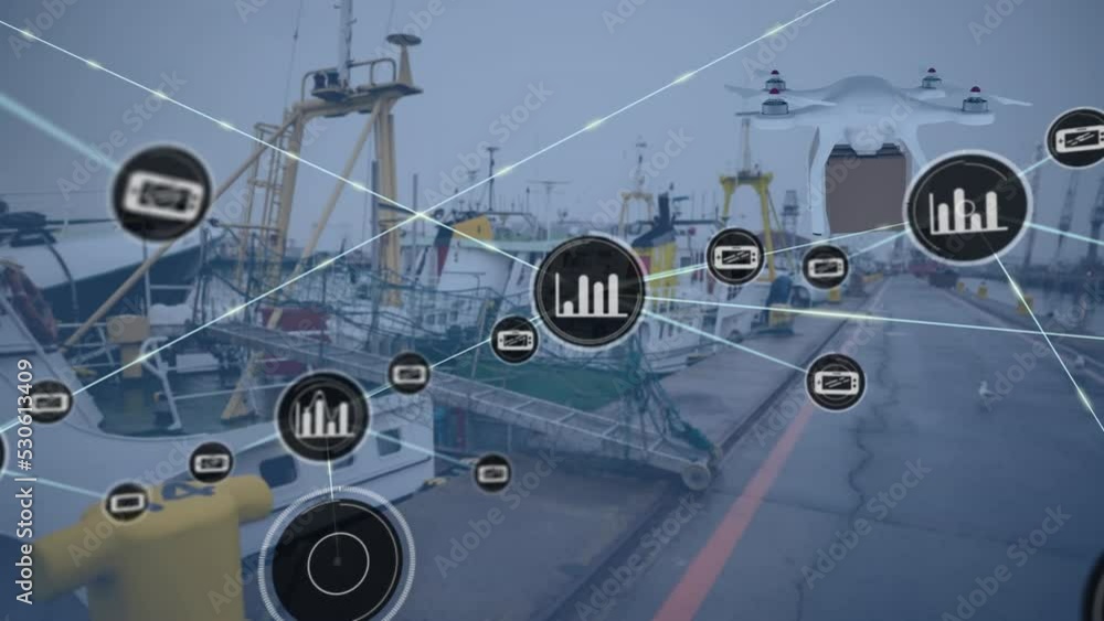 Poster animation of network of connections over port and drone