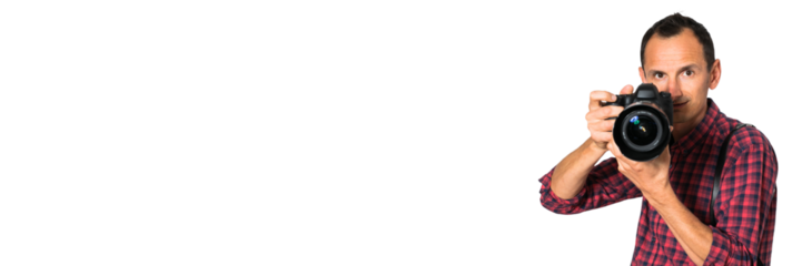 Smiling photographer. Png background.