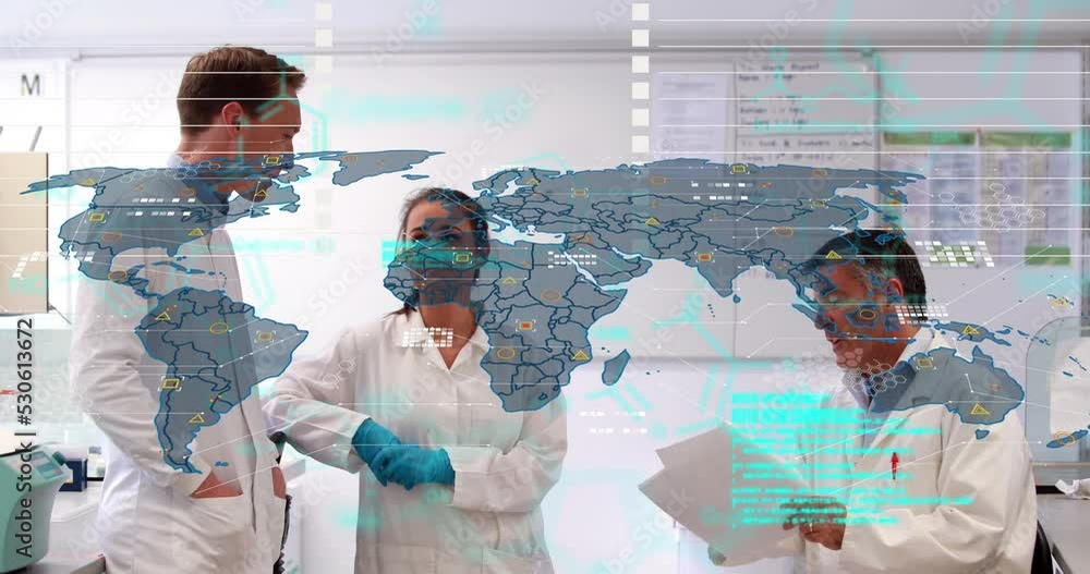 Poster animation of data processing and world map over caucasian doctors talking