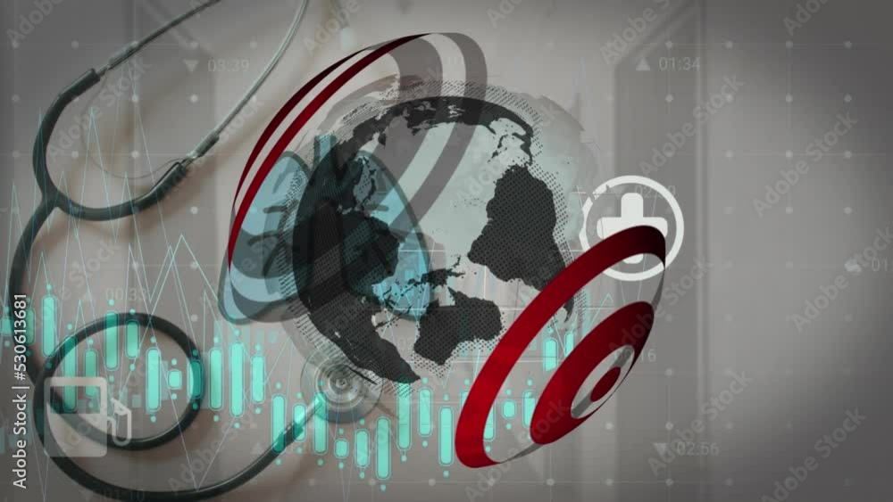 Poster animation of data processing and globe over stethoscope