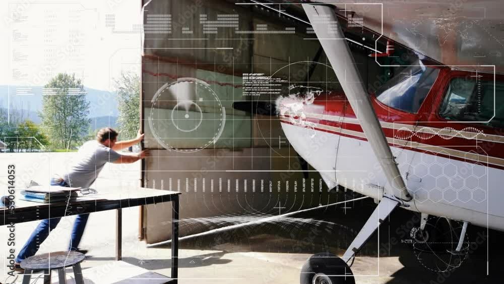 Poster animation of data processing over caucasian pilot and plane