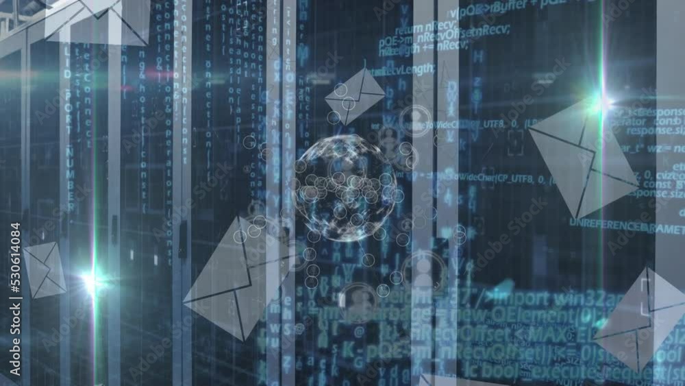 Poster animation of data processing and envelope icons over server room