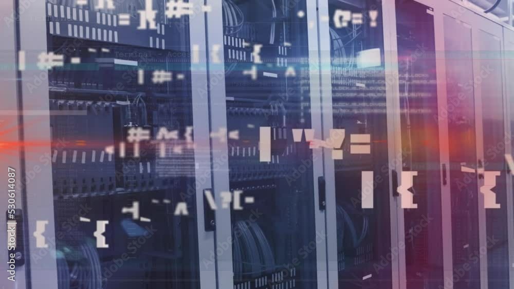 Poster animation of data processing and light spots over server room