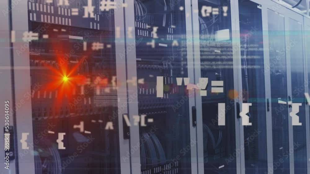 Aufkleber animation of data processing and light spots over server room
