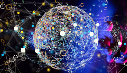 Global network. Blockchain. 3D illustration. Neural networks and artificial intelligence. Abstract