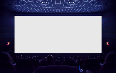 Cinema. White cinema screen with silhouettes of spectators in the hall.