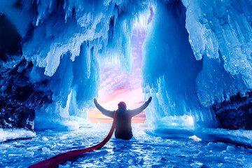 Tourist man in mysterious blue ice cave or grotto on frozen lake Baikal. Concept adventure surreal...