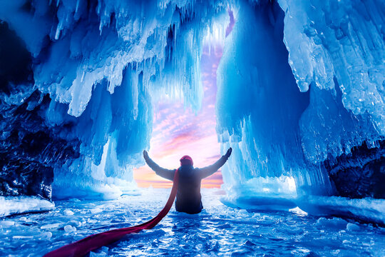 Tourist Man In Mysterious Blue Ice Cave Or Grotto On Frozen Lake Baikal. Concept Adventure Surreal Winter Landscape With People