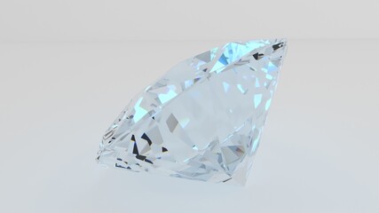 A beautiful sparkling diamond on a light reflective surface. 3d image. Isolated white background. 3d rendering.