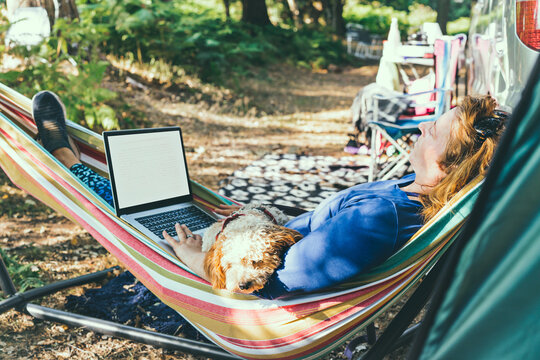 Adult woman working on laptop pc while lying in hammock, with her cockapoo puppy near motorhome on camping trip. Female living on camper car with animals and travel the world. Remote worker people.