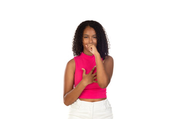 Teenager girl with afro hair style wearing pink t-shirt over white background feeling unwell and coughing