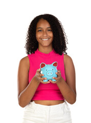 Fototapeta na wymiar Happy Teenager Girl Holding Piggybank