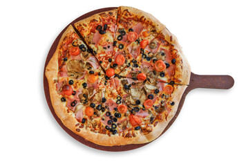 Top view of a traditional italian pizza with: ham,  mushrooms, cherry tomatoes, mozzarella, black olives on a wooden board and isolated on a transparent background.