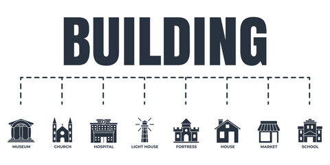 Building banner web icon set. school, lighthouse, church, museum, market, fortress, hospital, house vector illustration concept.