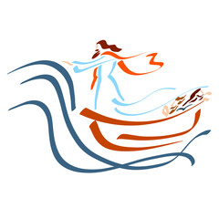 Lord Jesus performs a miracle, commanding the wind and waves to calm down, calming the storm, frightened disciples are hiding in the boat, abstract pattern