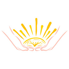 Fototapeta premium shining yellow sun in hands, bird inside light, color sketch on white background
