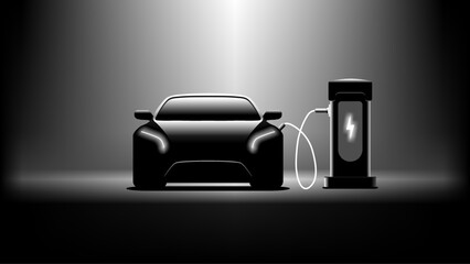 Electric car charging. Dark background. Electronic vehicle power dock. EV Plugin station. Fuel recharge cells. Green color vector illustration.