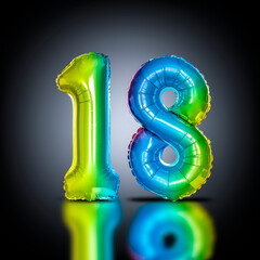 iridescent balloons form the number 18