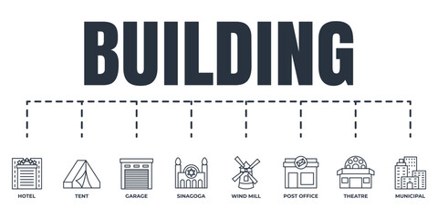 Building banner web icon set. municipal, hotel, garage, wind mill, sinagoga, theatre, post office, tent vector illustration concept.