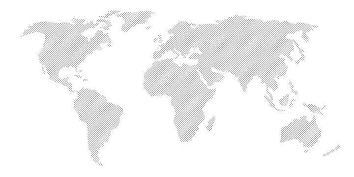Illustration and pictogram of gray hatched map of the world on a transparent background.