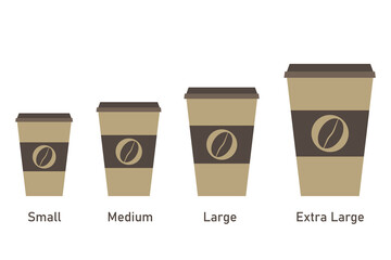Black coffee cups different size set - s, m, l, xl. Vector illustration. Paper takeaway coffee cups in line style isolated on white background.
