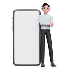 businessman in blue shirt leaning on phone with big white screen, 3d illustration of businessman holding phone