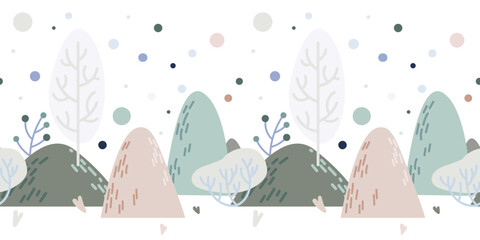 Vector seamless border with winter forest in mountains. Decorative illustration winter trees in flat style scandi minimalism. Design in delicate color for baby wallpaper, textile, fabric, print.