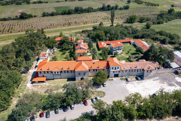 Fototapeta premium Aerial view of Medieval Arapovo Monastery dedicated to Saint Nedelya, Plovdiv Region, Bulgaria