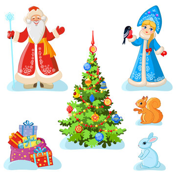 New Year's set with traditional Russian characters: Father Frost, Snow Maiden, Christmas tree, bag with gifts and cute little animals.