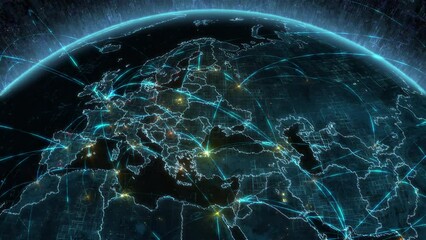 Digital Grid Futuristic Animation of Rotating Earth. Internet connection by satellites. Global network connections over Europe and Asia. IOT, AR, Telecommunication and 5G.
 - Powered by Adobe
