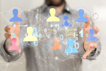 holding 3D rendering group of blue people