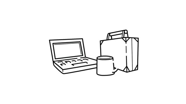 business concept, laptop, cup and travel bag sketch and 2d animation, objects