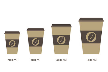 Black coffee cups different size set - s, m, l, xl. Vector illustration. Paper takeaway coffee cups in line style isolated on white background.
