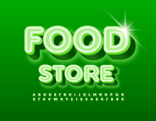 Vector advertising poster Food Store. Unique 3D Font. Bright  Alphabet Letters and Numbers