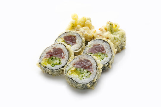 Sushi set, 6 piece. Tempura futomaki with tuna, cucumber, oshinko, isolated. Packshot photo for restaurant menu.