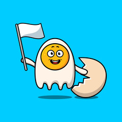 Cute cartoon fried eggs mascot character with white flag in modern design 