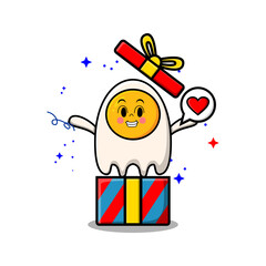 Cute cartoon fried eggs character coming out from big gift box look so happy flat cartoon style