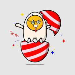Cute cartoon fried eggs character coming out from easter fried eggs look so happy illustration