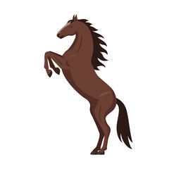Brown jumping horse. Vector illustration of a horse standing on its hind legs isolated on white. Flat design, side view.