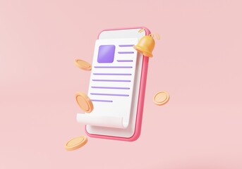 Payment online on mobile phone with bell notification, bill and coins. transaction online, financial alert, business finance, bill payment. payment reminder concept. 3d minimal rendering illustration
