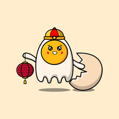 Cute cartoon fried eggs chinese character holding lantern in vector icon illustration