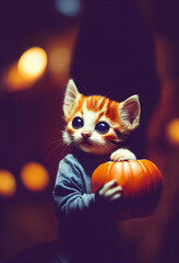 Fototapeta premium Kitty cat stole halloween pumpkin