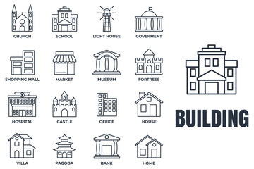 Set of Building icon logo vector illustration. bank, shopping mall, castle, fortress, hospital, house and more pack symbol template for graphic and web design collection