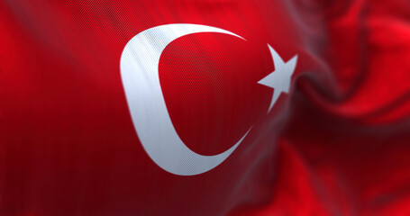 Close-up view of the Turkey national flag waving in the wind