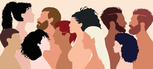 A community concept. Multi-ethnic and multi-racial society. A cartoon head portrait of a human face with diversity. Multi-ethnic and multicultural friendship.