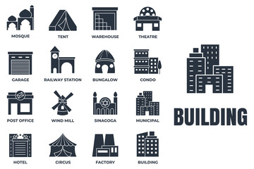 Set of Building icon logo vector illustration. municipal, hotel, garage, bungalow, mosque, railway station and more pack symbol template for graphic and web design collection